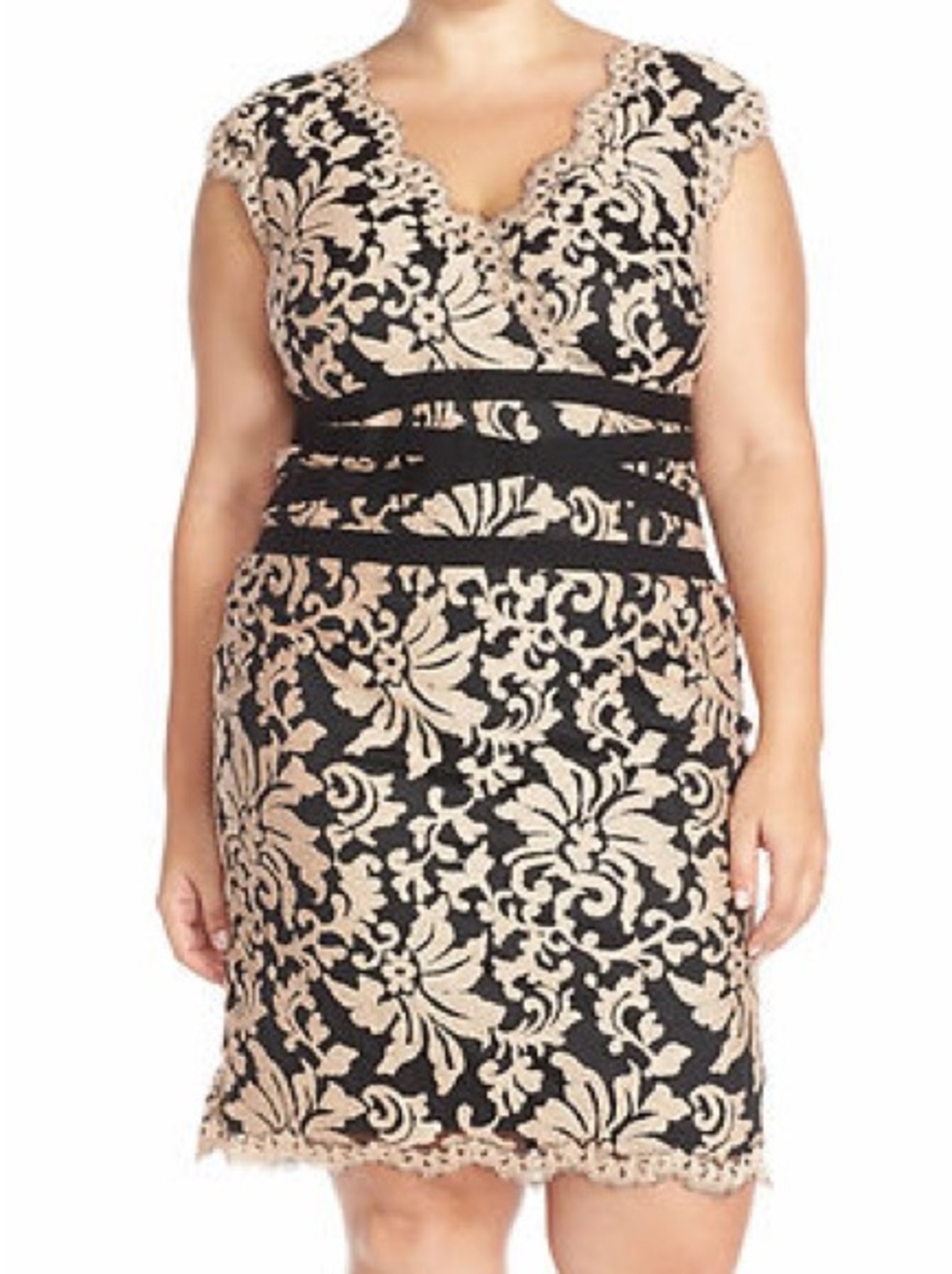 Tadashi Shoji sheath cocktail dress black nude lace Ginseng XL X large